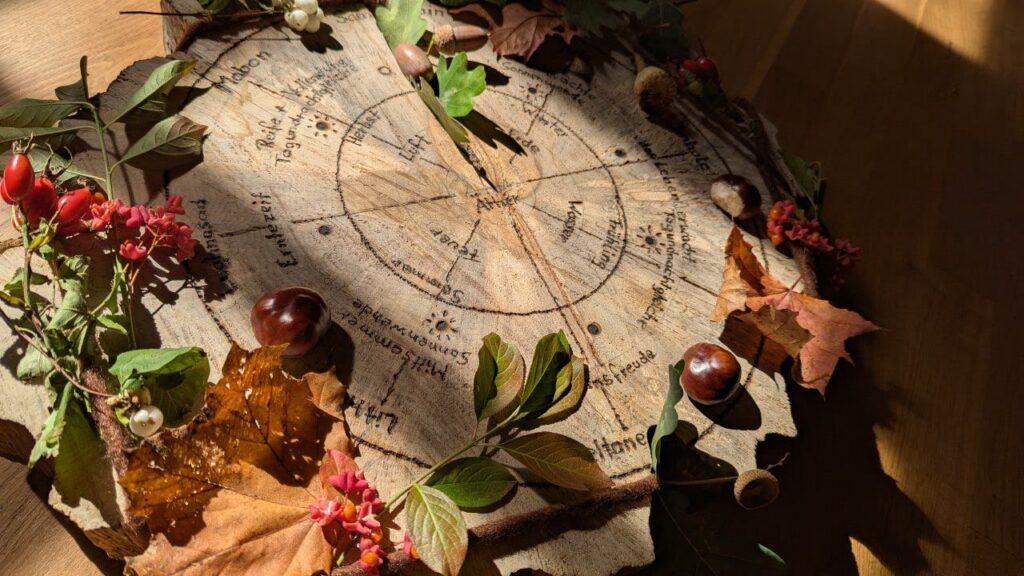Jahreskreisrad aus Holz mit Naturmaterialien wie Blättern, Kastanien und Beeren – Darstellung der Jahreskreisfeste im Jahreslauf